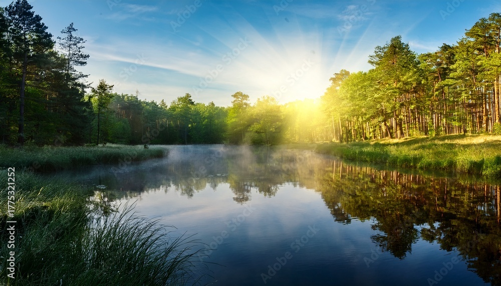 Obraz premium Serene Forest Landscape With Tranquil Water Reflecting Trees In Early Morning Light