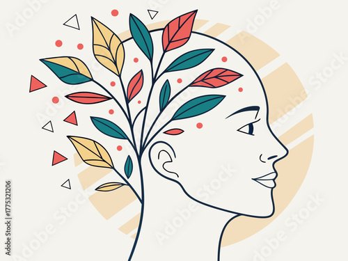 Abstract Vector Illustration of Human Head with Growing Shapes Symbolizing Learning and Open-Mindedness
