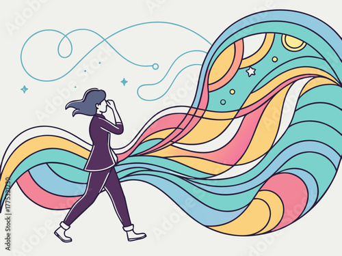 Abstract Vector Illustration of Person Surrounded by Colorful Waves Symbolizing Creativity and Mental Flow