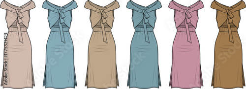 Women's off-the-shoulder midi dress with ruffle bust and tie waist. Technical fashion flat sketch template collection in multiple color variations