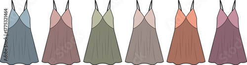 Set of women's slip dress fashion technical flat sketches in various color palettes. V-neck camisole dress with spaghetti straps and pleated skirt for apparel design
