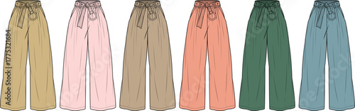 Stylish collection of women's high-waisted wide-leg fashion pants in a spectrum of popular colors, perfect for casual and elegant apparel designs