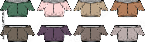 Fashion collection of diverse colored off-the-shoulder tops, ideal for style and creative design elements