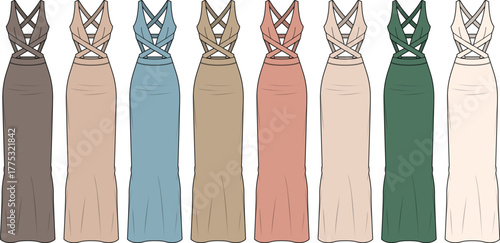 Elegant strappy cut-out maxi dress fashion flat template. Vector illustration set of long evening gowns in various color swatches for apparel design