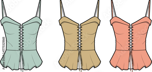A collection of women's corset camisole tops with lace-up front and peplum hem, vector fashion flat technical drawing set