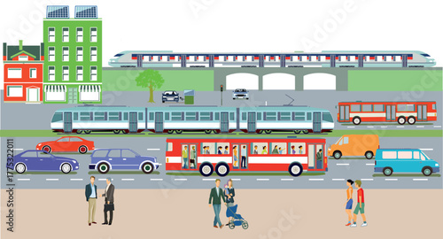Stadtsilhouette mit autos, öffentliche verkehrsmittel, Stadtbahn, Metro,  Illustration Adobe Illustrator Artwork