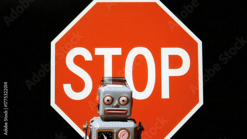 Vintage robot toy in front of big red stop sign. Retro sci-fi figure warns of technology limits and AI control. Symbolizes human authority over machines, ethical boundaries, automation concerns.
