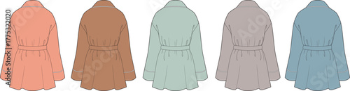Collection of women's coats in various pastel colors, presented in a minimalist flat design