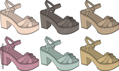 Collection of six stylish platform sandals in various muted earth tones, showcasing trendy footwear designs