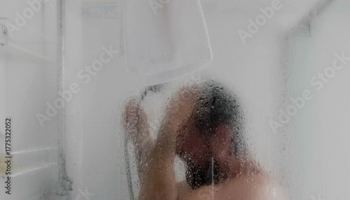 Blurred silhouette of man showering behind frosted glass creating abstract human form. Steam and water obscure details producing atmospheric privacy effect. For hygiene, wellness, bathroom concepts.
