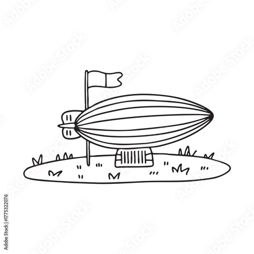 A zeppelin near a field marked with landing flags