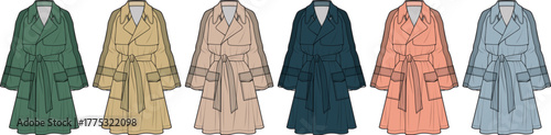 Fashion illustration showcasing a diverse array of women's trench coats in a spectrum of stylish colors, highlighting versatile outerwear options for seasonal wardrobes
