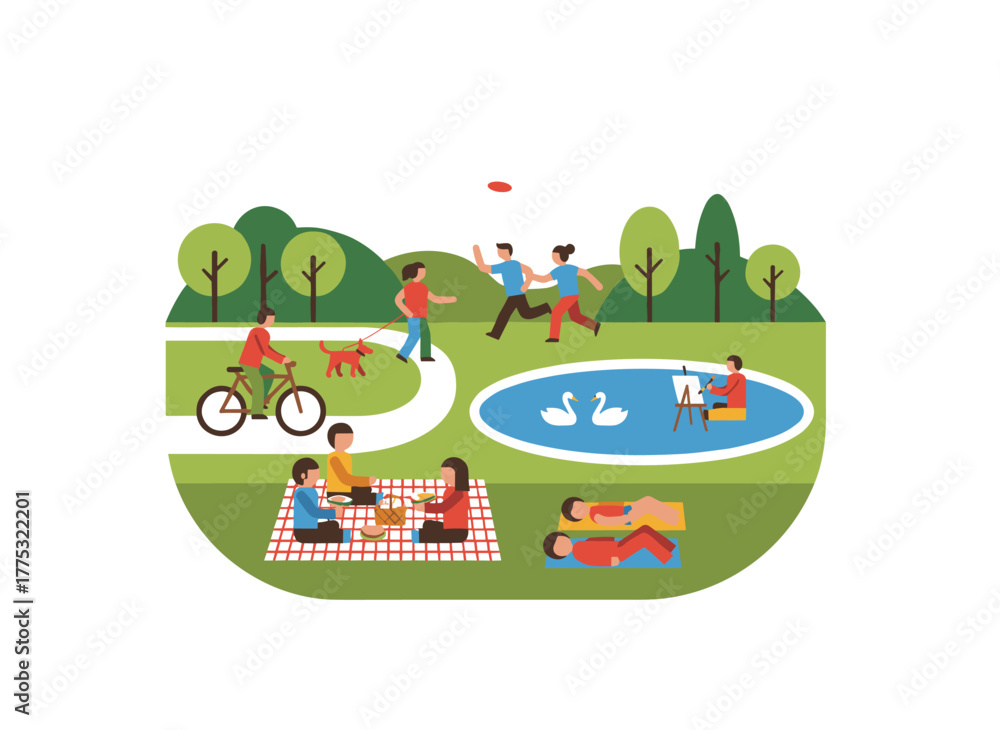 Obraz premium A colorful cartoon illustration shows a variety of people in a park engaging in leisure activities such as playing ball, walking dogs, practicing yoga, exercising, painting, having lunch, and