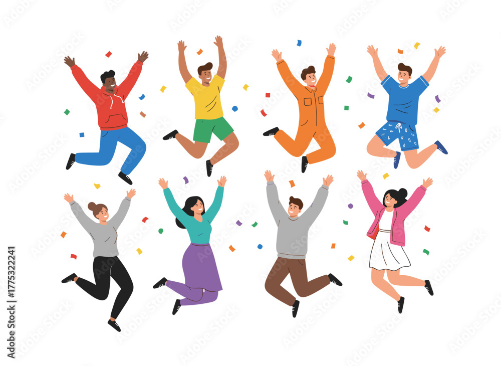 Fototapeta premium A horizontal banner showcasing cheerful people, with young men and women leaping, rendered as a colorful flat-style vector illustration