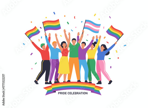 A flat vector illustration of a joyful LGBT community at a pride event, featuring flags and celebrating sexual freedom, love, and diversity among gays, lesbians, and queer individuals on a white