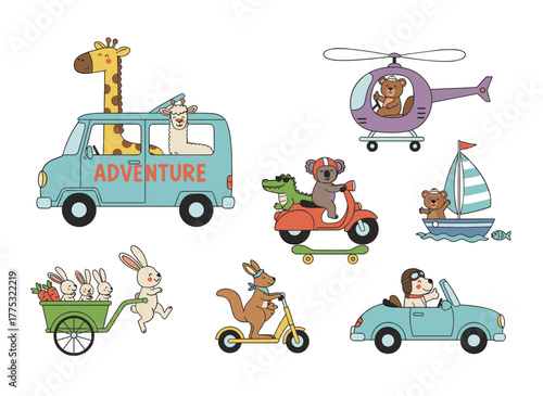 A whimsical collection of cute animals traveling in different vehicles—driving a car, fishing from a sailboat, riding a bicycle, skateboarding, and flying in a plane or helicopter, illustrated in