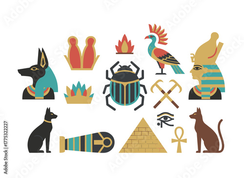A collection of Ancient Egypt featuring gods, deities, mythological creatures, sacred animals, symbols, architecture, and sculpture, presented as a colored flat cartoon vector illustration