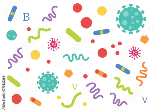 A bright-colored flat vector illustration depicting a collection of diverse microorganisms—including bacteria, viruses, protists, and other infectious germs—isolated against a white background