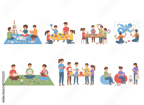A group of children painting and drawing on paper against a white background, showcasing a creative hobby; adorable boys and girls creating colorful pictures in a flat cartoon vector style