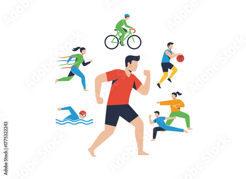 Select a sport or physical activity for health; a man considers various workout options—jogging, swimming, cycling—while flat vector illustrations are displayed on a white background