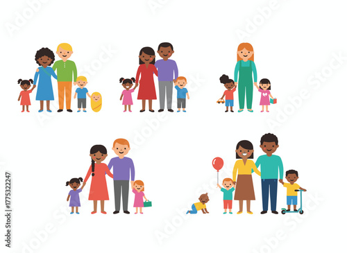 A large family portrait featuring diverse nationalities—African, Indian, European, and Asian parents with five children—depicted in a colorful flat vector illustration, all smiling with relatives