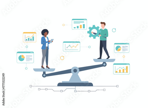 A smiling man and woman stand on the plates of a balance scale, symbolizing gender equality in the workplace and equal rights for both sexes, depicted in a colorful flat cartoon vector illustration