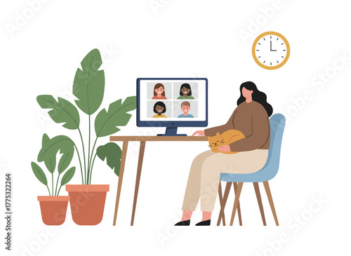 A young woman participates in a corporate video call with colleagues, illustrating teamwork during quarantine in a flat cartoon vector style