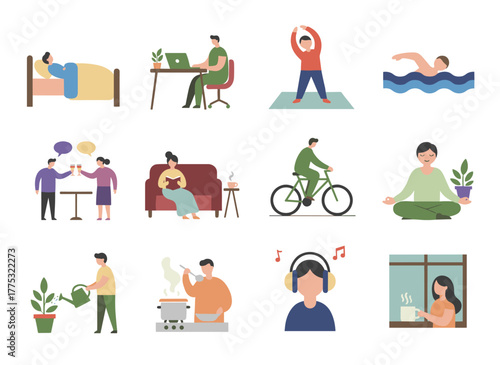 A collection of everyday leisure and work activities performed by a young man, depicted in a flat cartoon vector illustration: sleeping, working, jogging, grocery shopping, and relaxing