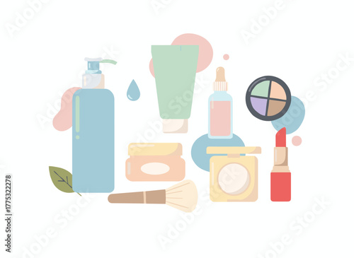 Set of cosmetic beauty items in bottles and jars, including body and face care, skincare and hygiene essences, creams, lotions, hair shampoo, shower gel, and soap, depicted as flat graphic vector