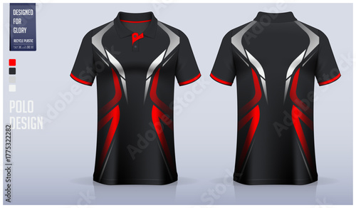 Polo shirt mockup template design for soccer jersey, football kit or sportswear. Sport uniform in front view and back view. T-shirt mockup for sport club. Fabric pattern.