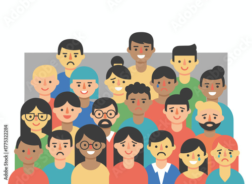 A cheerful young man, content and smiling, stands amid a crowd of gloomy, unhappy, sad, and angry individuals, depicted in a colorful flat cartoon vector illustration