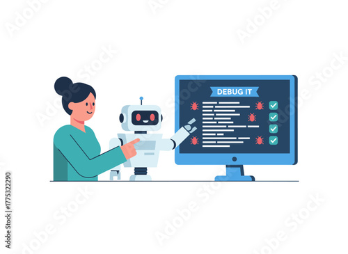 Automated software testing as a QA concept, AI-driven quality assurance, a robotic tester locating and searching for program bugs and mistakes, automating debugging, illustrated in a flat vector on a