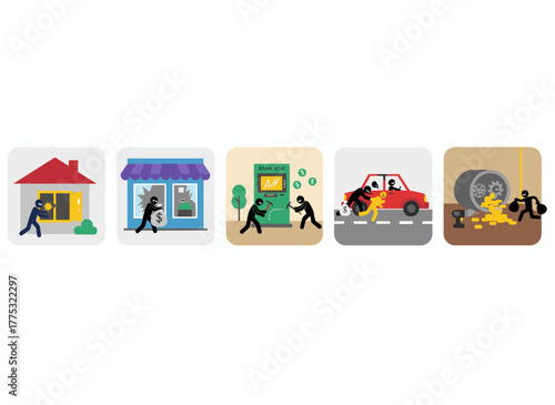 A set of colorful flat cartoon vector illustrations depicting a masked, black‑clad male thief stealing from a woman's handbag, an ATM, a safe, a car, an apartment, or a house
