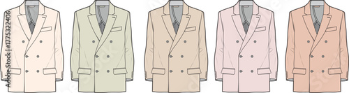 Sophisticated array of men's double-breasted blazers, presenting classic design elements with a modern twist in various gentle and muted color options