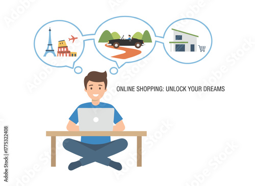 A thoughtful man considers buying a house, car, and vacation in a flat vector illustration, holding a bank card and using a laptop alone on a white background, dreaming about future purchases and how