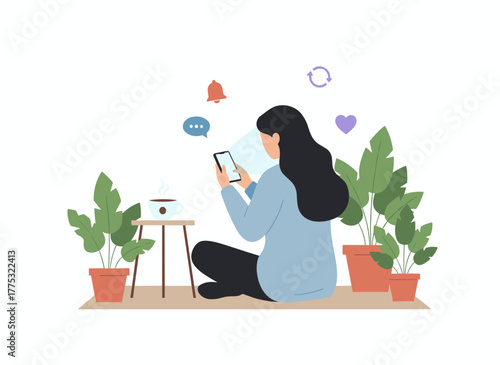 A woman with long hair sits surrounded by potted plants, with no unread message icons, evoking the theme of solitude and loneliness online, rendered as a colorful vector illustration in a