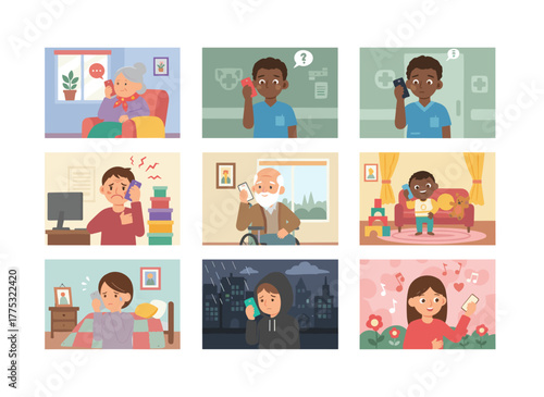 A modern flat-style color vector illustration depicting a group of men and women engaged in conversations on smartphones