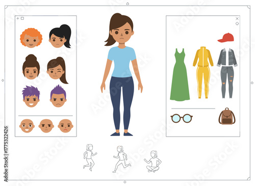 A city woman character builder featuring a stylish girl set with varied poses, hairstyles, facial features, limbs, and clothing, rendered as a vector cartoon illustration from front, side, and back
