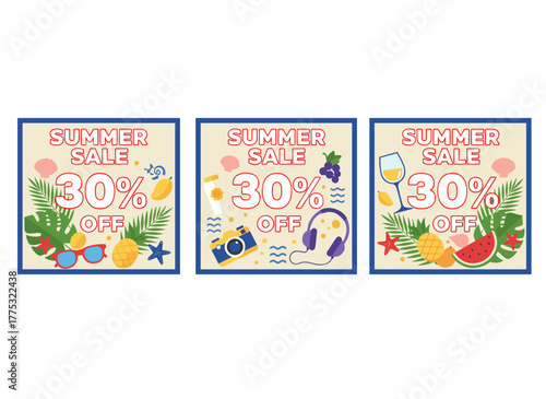 A set of summer sale flyer templates featuring jungle foliage, exotic flowers, tropical fruits, sunglasses, and seashells, presented as a flat colorful vector illustration