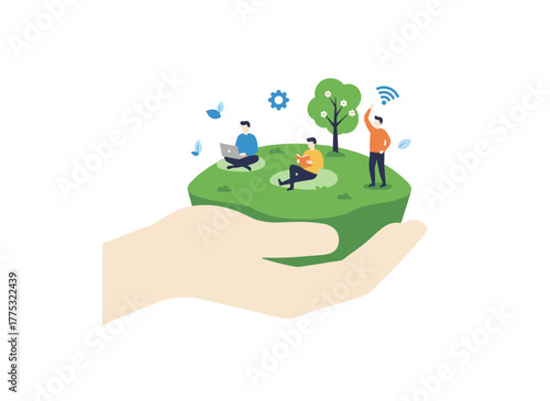 Large hands cradling miniature office employees, illustrating the idea of employee care, workplace wellbeing, perks and benefits, and professional development support in a flat cartoon vector style