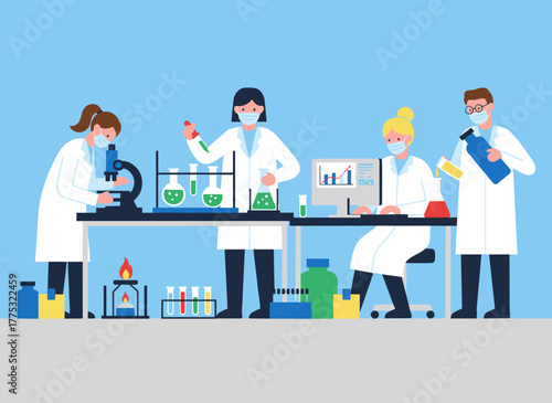 A diverse group of male and female scientists in white coats performing experiments in a chemical laboratory, depicted as a flat, colorful cartoon vector illustration