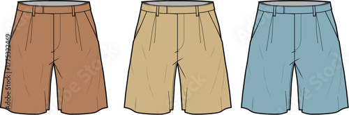 Three pairs of pleated shorts in different colors brown, beige, and light blue