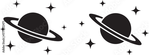 Two planet silhouettes with rings and stars