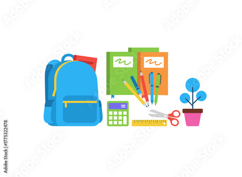 A set of stationery featuring school tools and supplies, a notebook diary, satchel, accessories, pen, pencil, ruler, highlighter marker, and calculator, illustrated as flat graphic vectors on a white