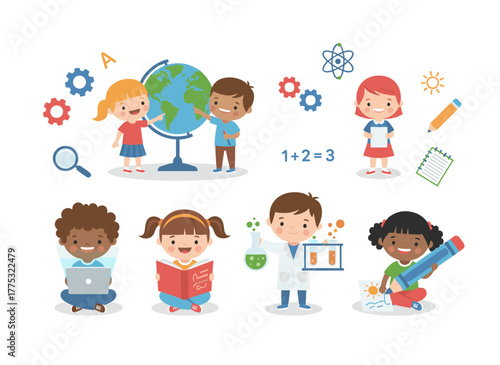 Illustration of elementary students learning various subjects—math, science, art, and chemistry—depicted in a flat vector style against a white background