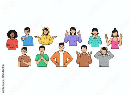 A set of flat vector illustrations depicting negative gestures, finger language, and non-verbal communication, featuring isolated signs of disagreement and rejection on a white background