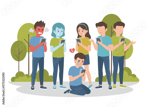 A dejected teenager sits on the floor while classmates mock, scoff, and snap photos with their smartphones, illustrating the problem of school bullying in a bright flat cartoon vector style