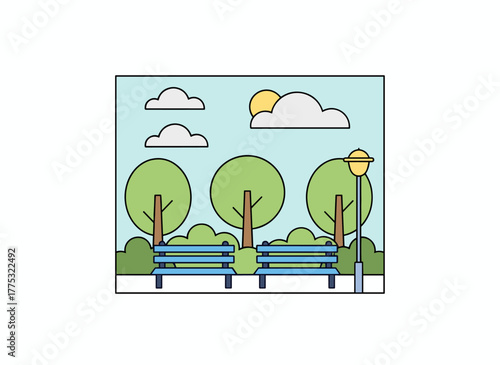 A monochrome banner template featuring a city park or garden with trees, bushes, street lights, and benches, depicting an urban recreational zone in a creative, colorful vector illustration rendered