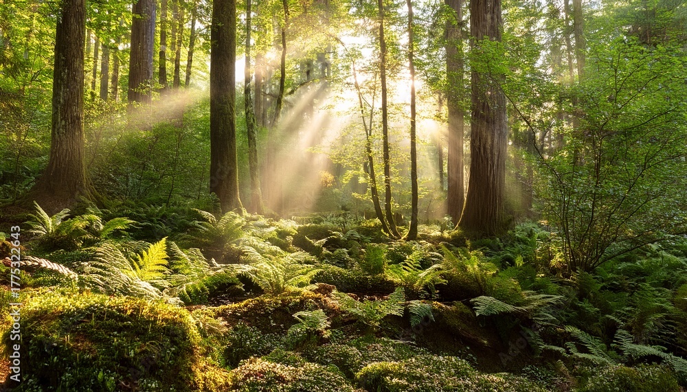 Obraz premium Sunlight Streams Through A Lush Forest