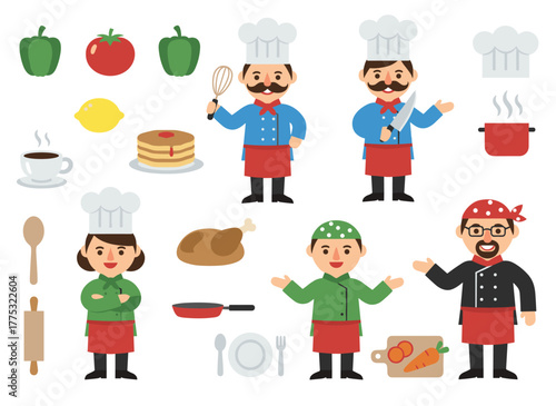 Flat vector illustration of a male cartoon chef, featuring a bundle of body parts, facial expressions, postures, and uniform, shown from front, side, and back views as a construction kit
